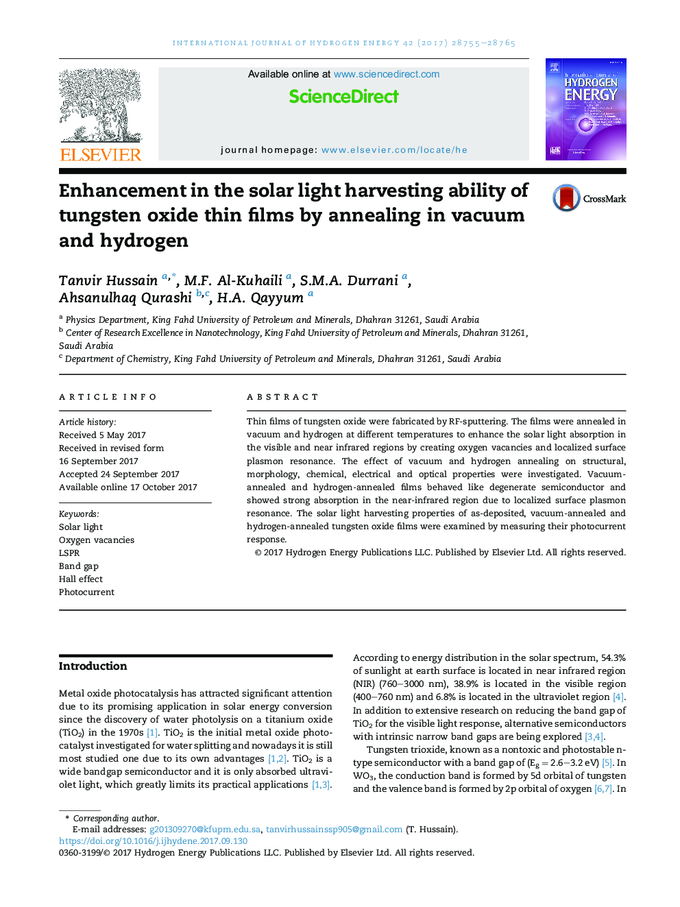 Enhancement in the solar light harvesting ability of tungsten oxide thin films by annealing in vacuum and hydrogen