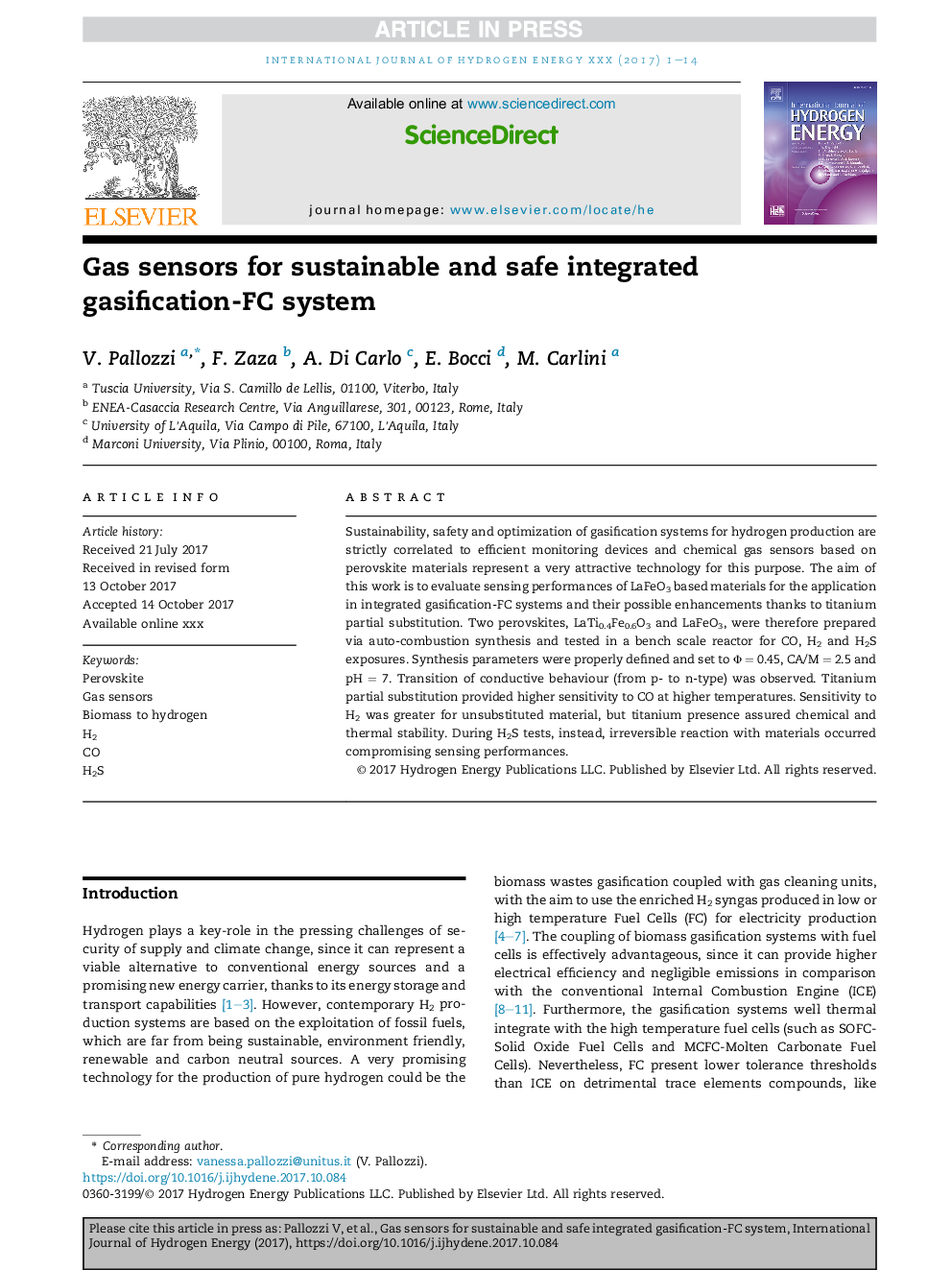 Gas sensors for sustainable and safe integrated gasification-FC system