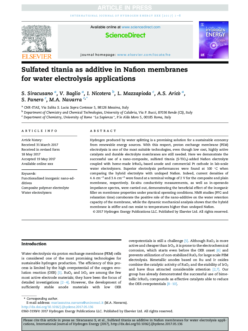 Sulfated titania as additive in Nafion membranes for water electrolysis applications