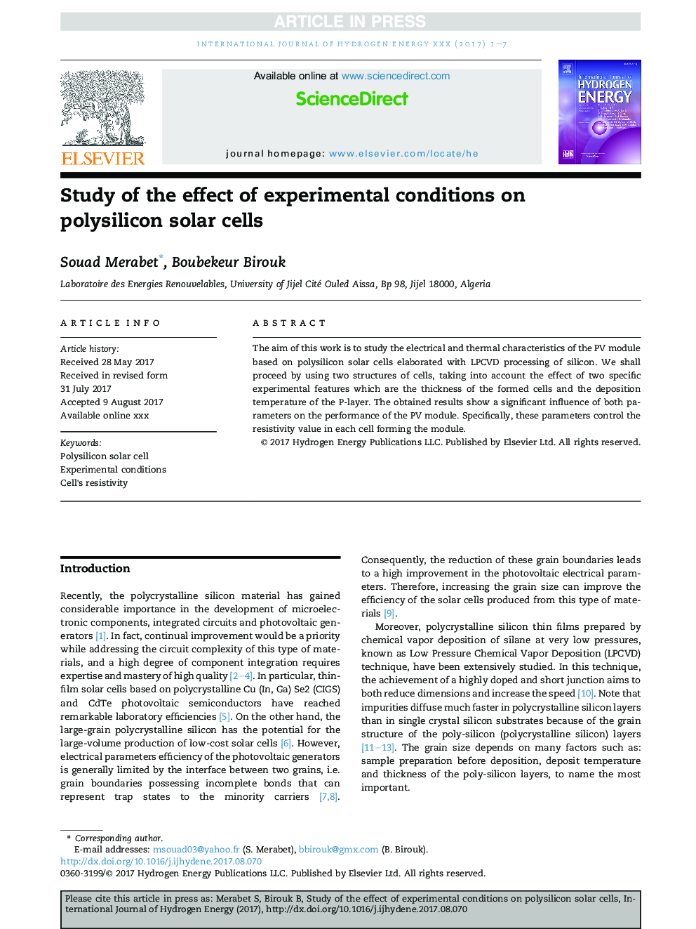 Study of the effect of experimental conditions on polysilicon solar cells