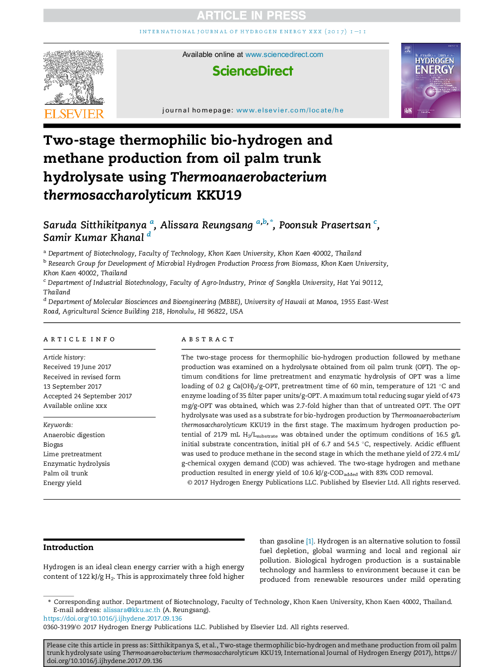 Two-stage thermophilic bio-hydrogen and methane production from oil palm trunk hydrolysate using Thermoanaerobacterium thermosaccharolyticum KKU19