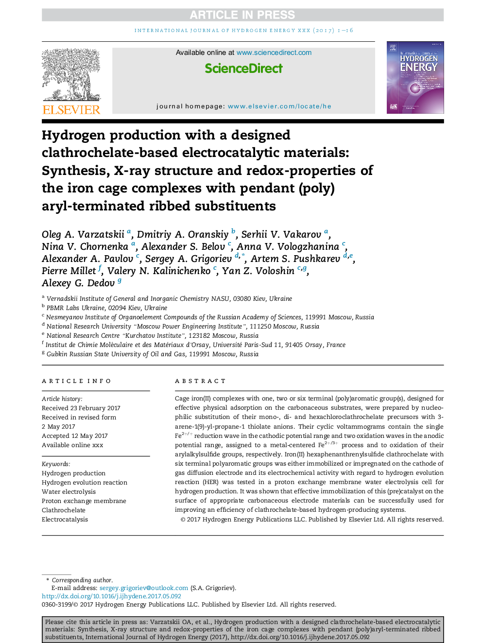 Hydrogen production with a designed clathrochelate-based electrocatalytic materials: Synthesis, X-ray structure and redox-properties of the iron cage complexes with pendant (poly)aryl-terminated ribbed substituents