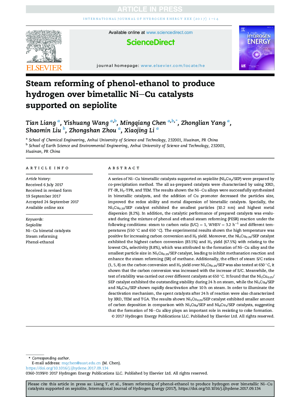 Steam reforming of phenol-ethanol to produce hydrogen over bimetallic NiCu catalysts supported on sepiolite