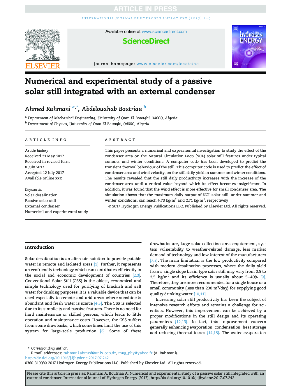 Numerical and experimental study of a passive solar still integrated with an external condenser