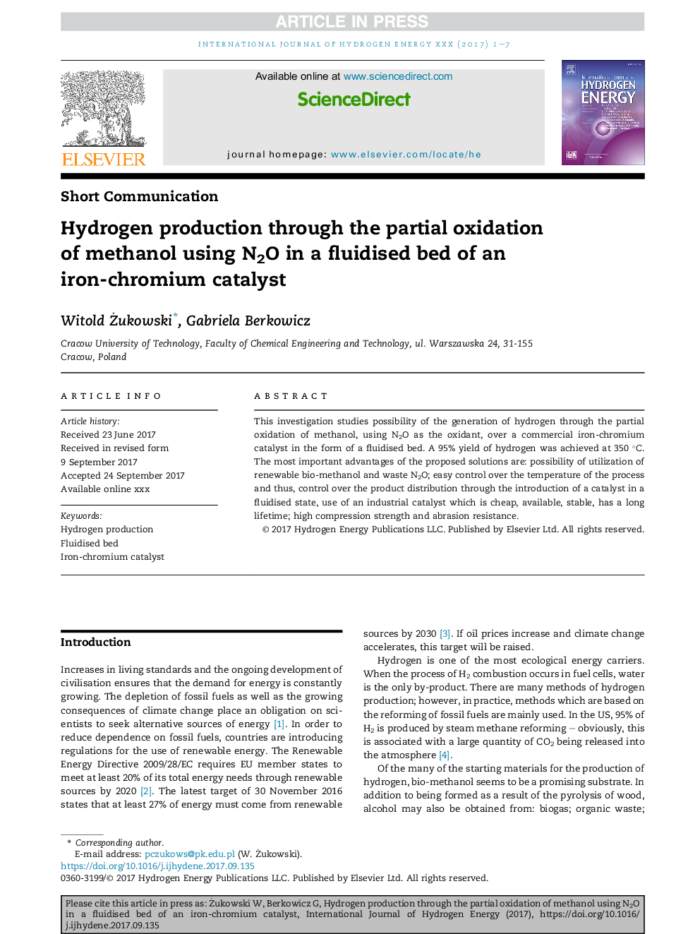 Hydrogen production through the partial oxidation of methanol using N2O in a fluidised bed of an iron-chromium catalyst