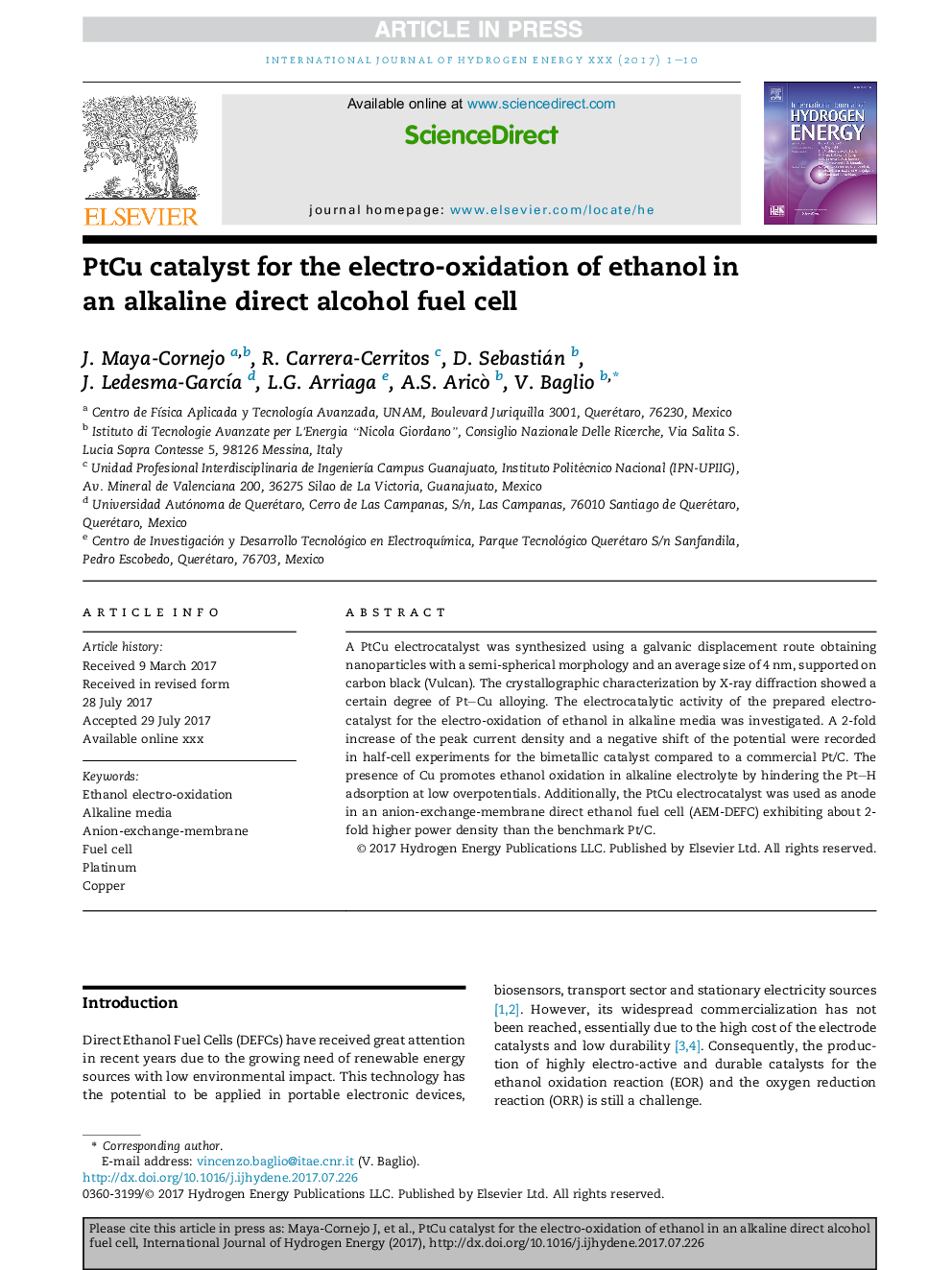 PtCu catalyst for the electro-oxidation of ethanol in an alkaline direct alcohol fuel cell