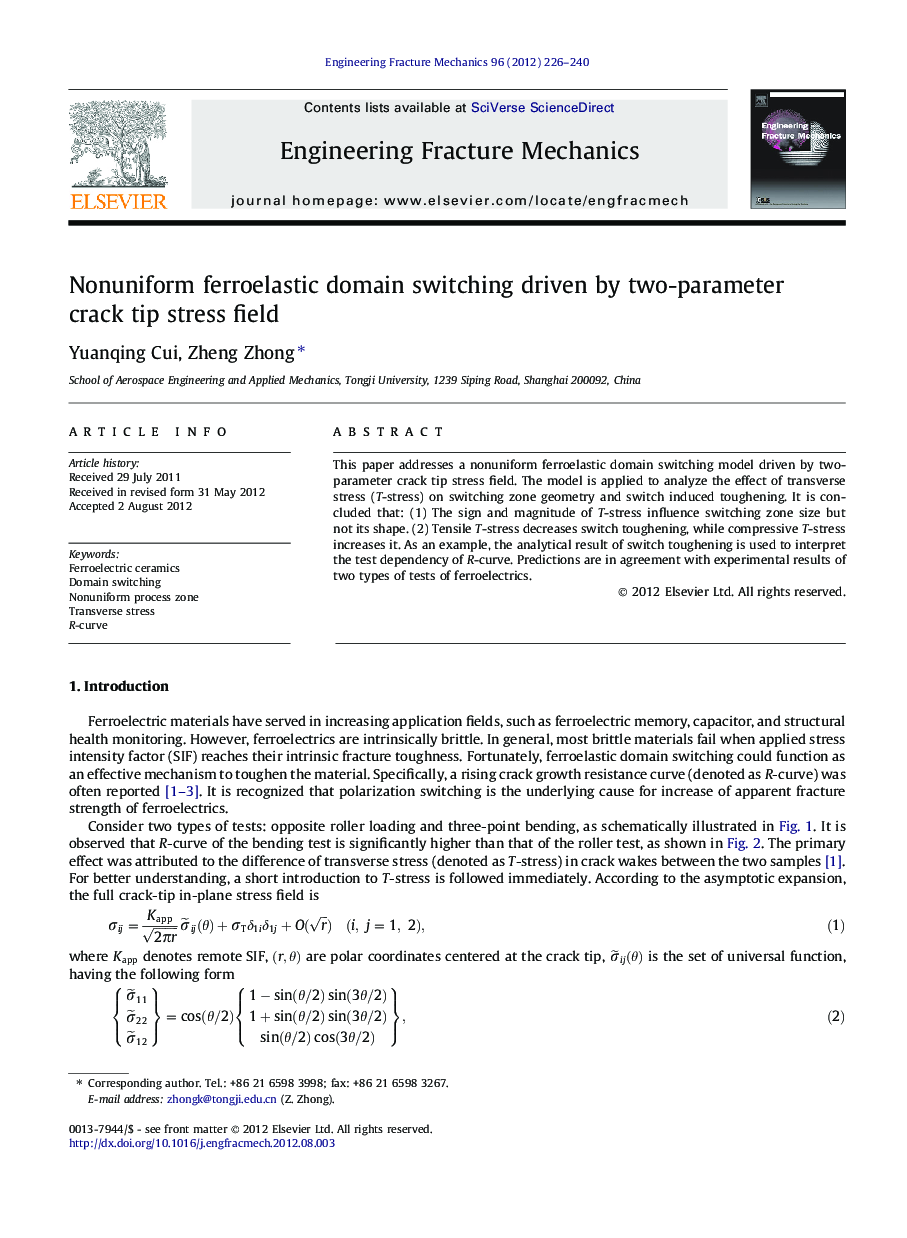 Nonuniform ferroelastic domain switching driven by two-parameter crack tip stress field