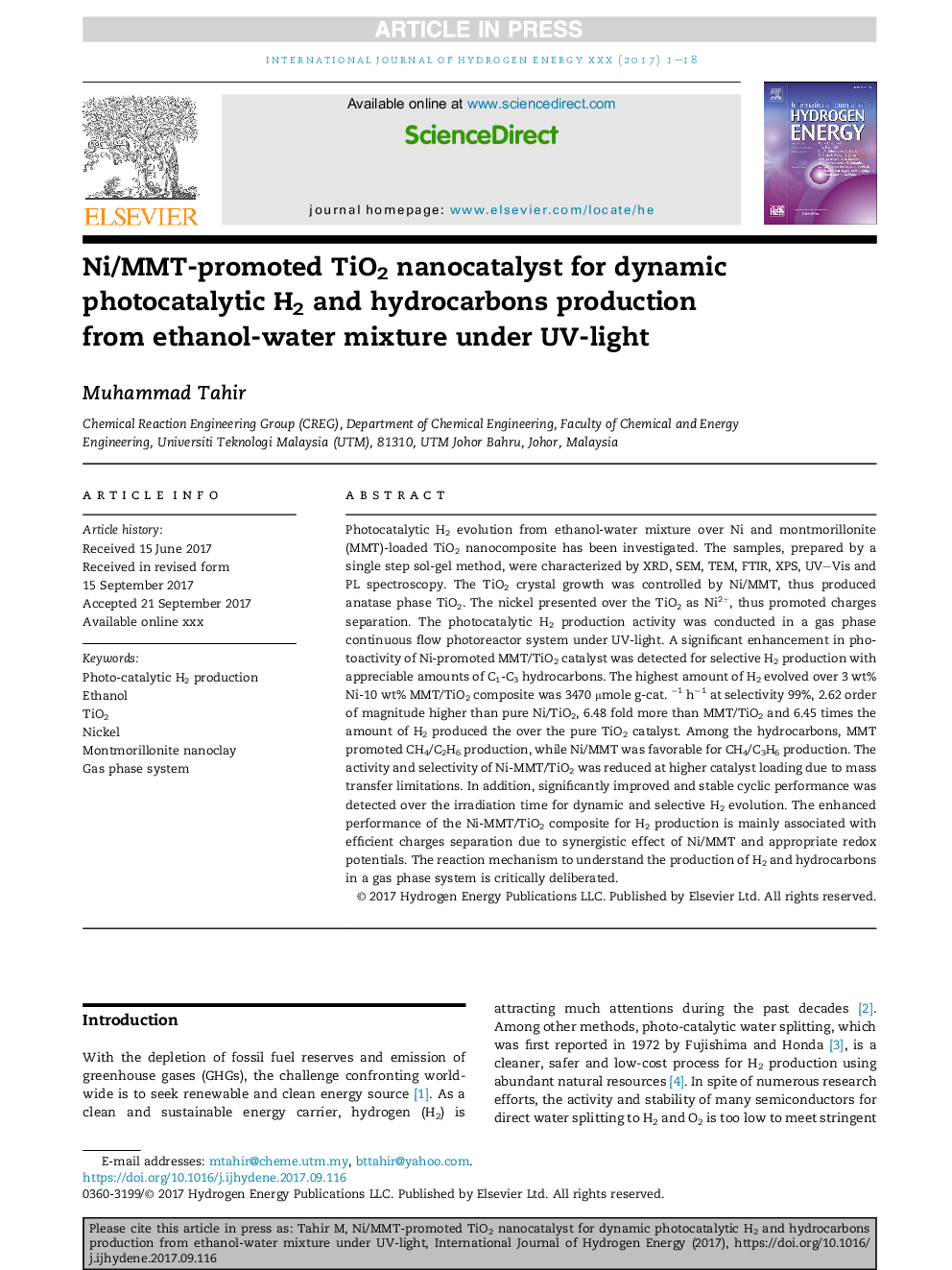 Ni/MMT-promoted TiO2 nanocatalyst for dynamic photocatalytic H2 and hydrocarbons production from ethanol-water mixture under UV-light