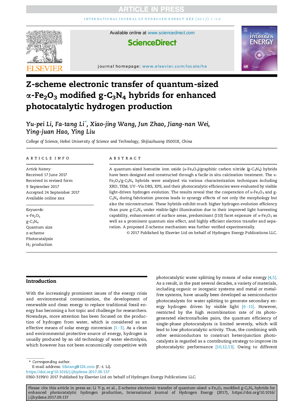 Z-scheme electronic transfer of quantum-sized Î±-Fe2O3 modified g-C3N4 hybrids for enhanced photocatalytic hydrogen production