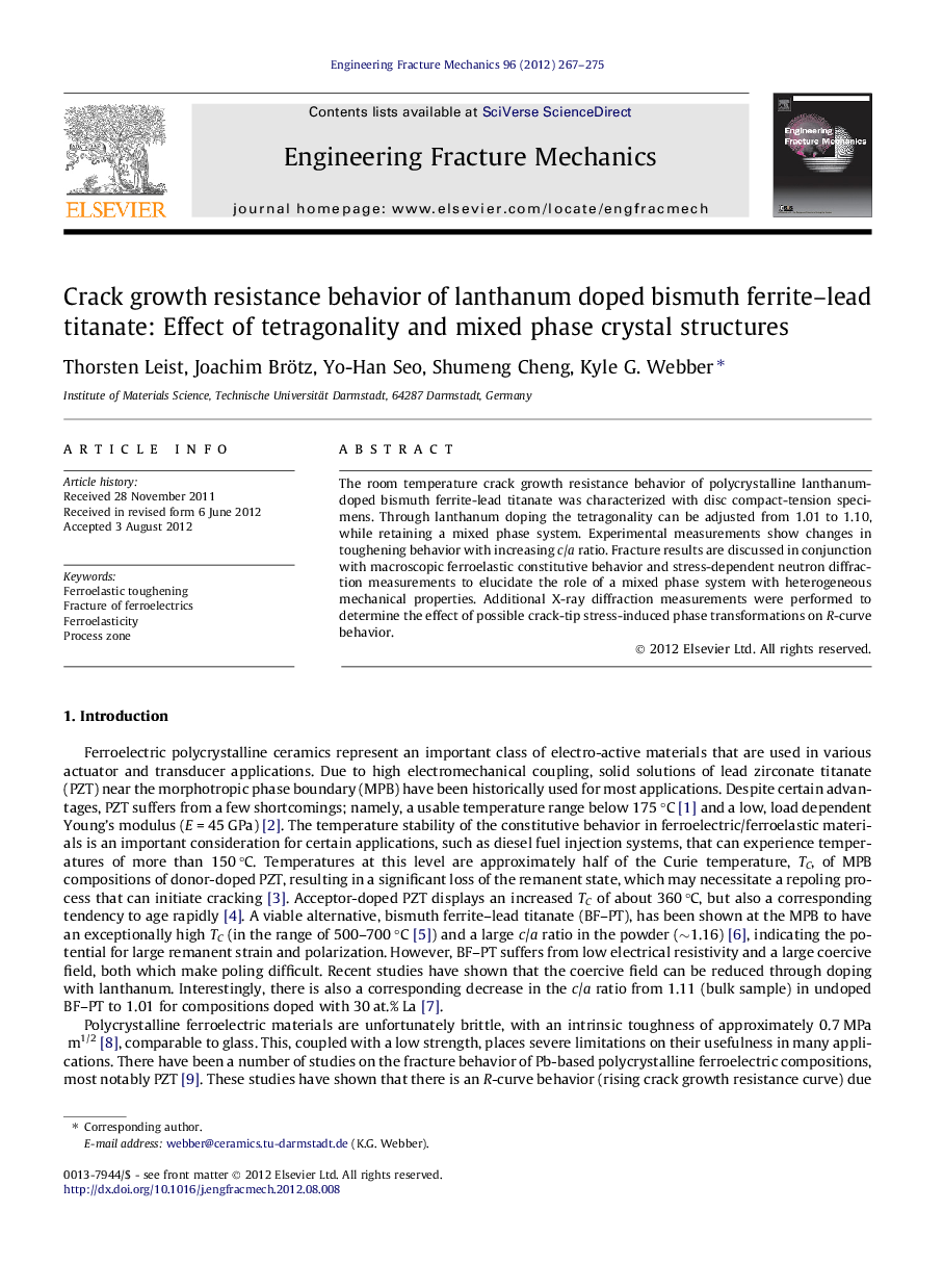 Crack growth resistance behavior of lanthanum doped bismuth ferrite–lead titanate: Effect of tetragonality and mixed phase crystal structures