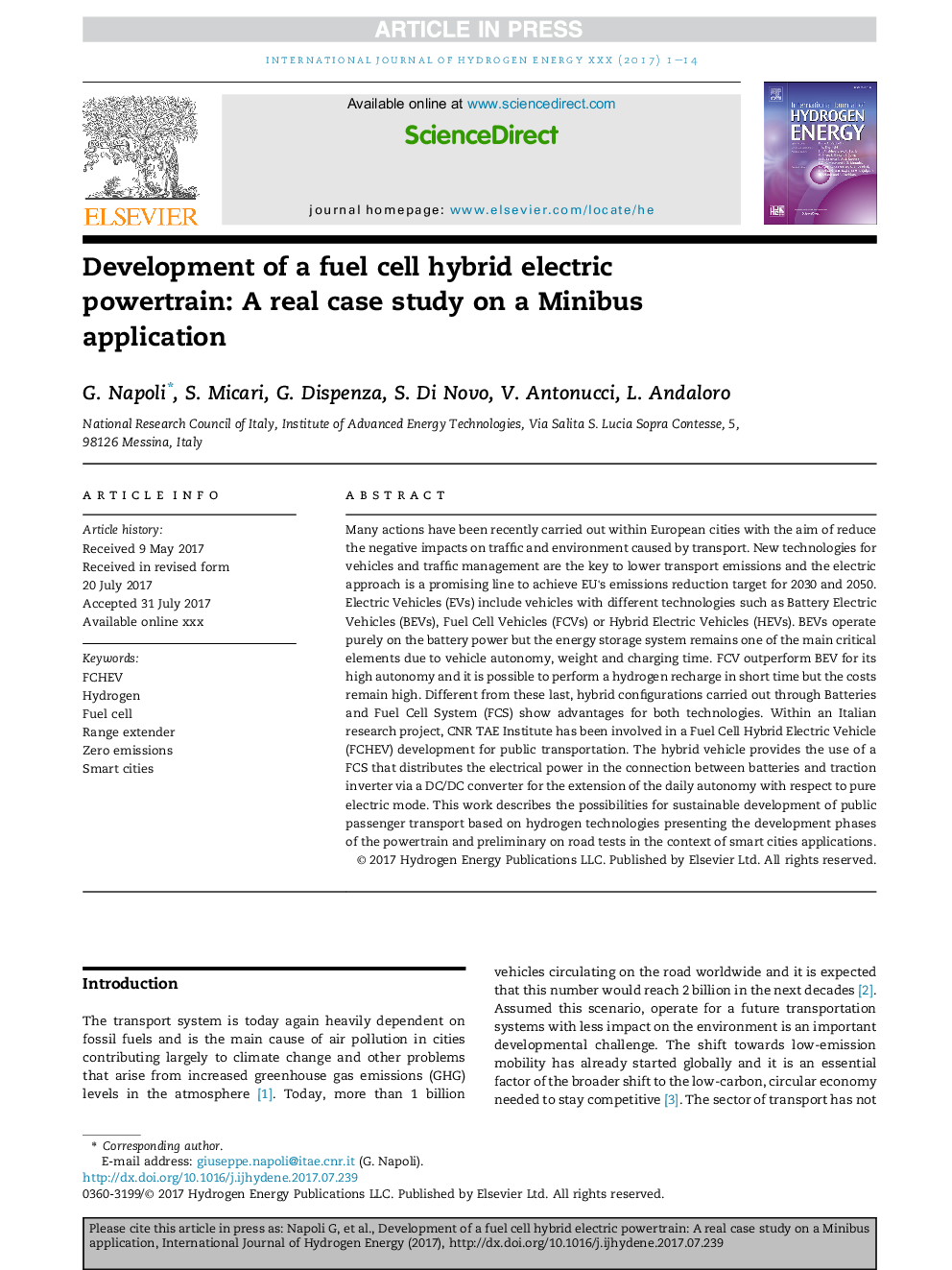 Development of a fuel cell hybrid electric powertrain: A real case study on a Minibus application