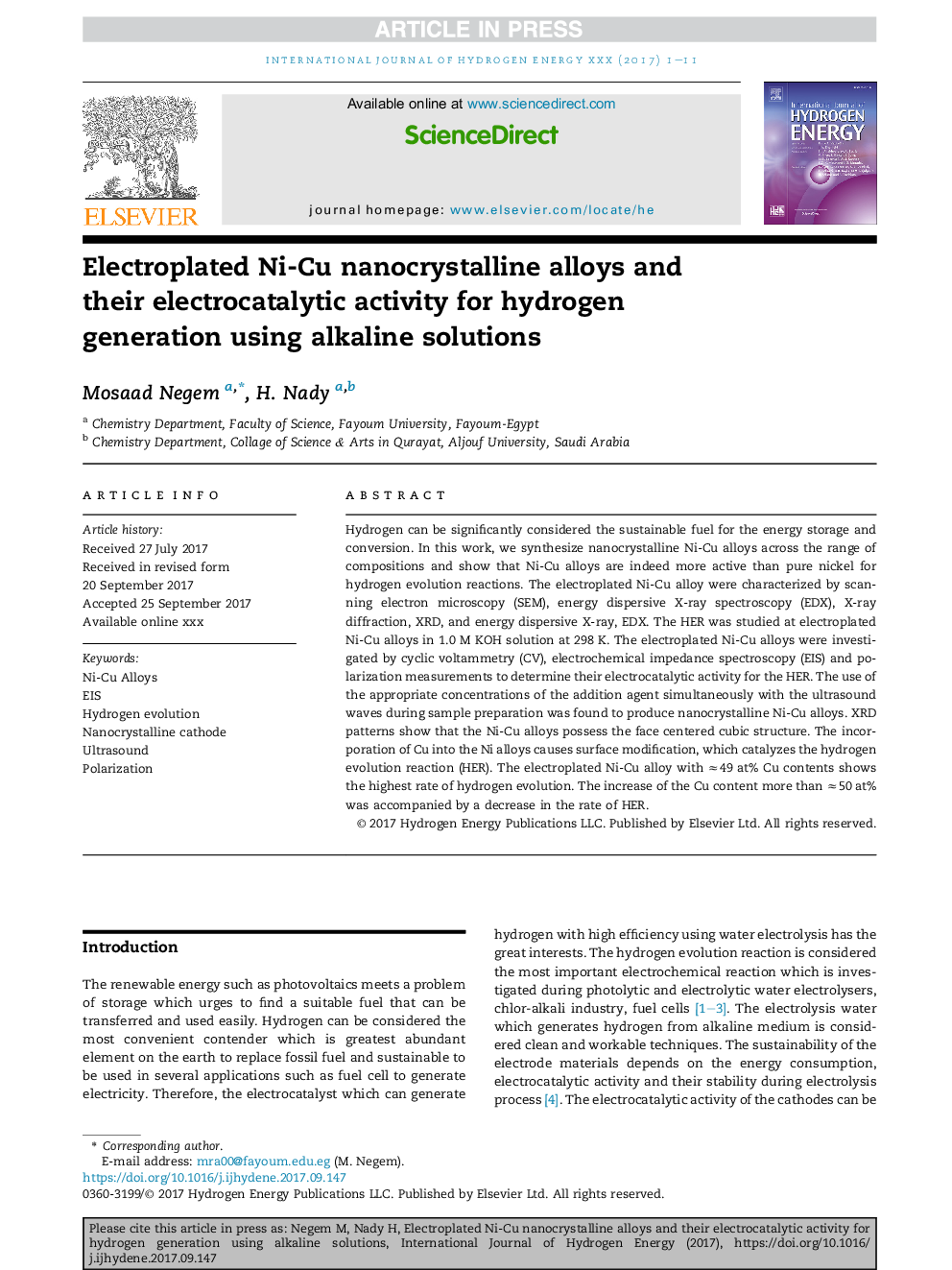 Electroplated Ni-Cu nanocrystalline alloys and their electrocatalytic activity for hydrogen generation using alkaline solutions