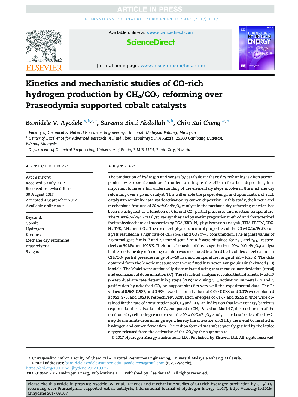 Kinetics and mechanistic studies of CO-rich hydrogen production by CH4/CO2 reforming over Praseodymia supported cobalt catalysts