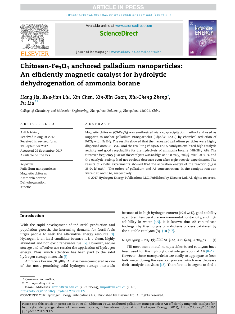 Chitosan-Fe3O4 anchored palladium nanoparticles: An efficiently magnetic catalyst for hydrolytic dehydrogenation of ammonia borane