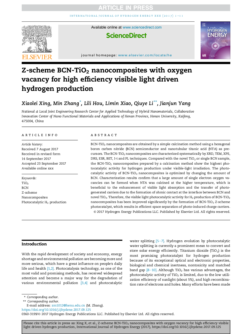 Z-scheme BCN-TiO2 nanocomposites with oxygen vacancy for high efficiency visible light driven hydrogen production