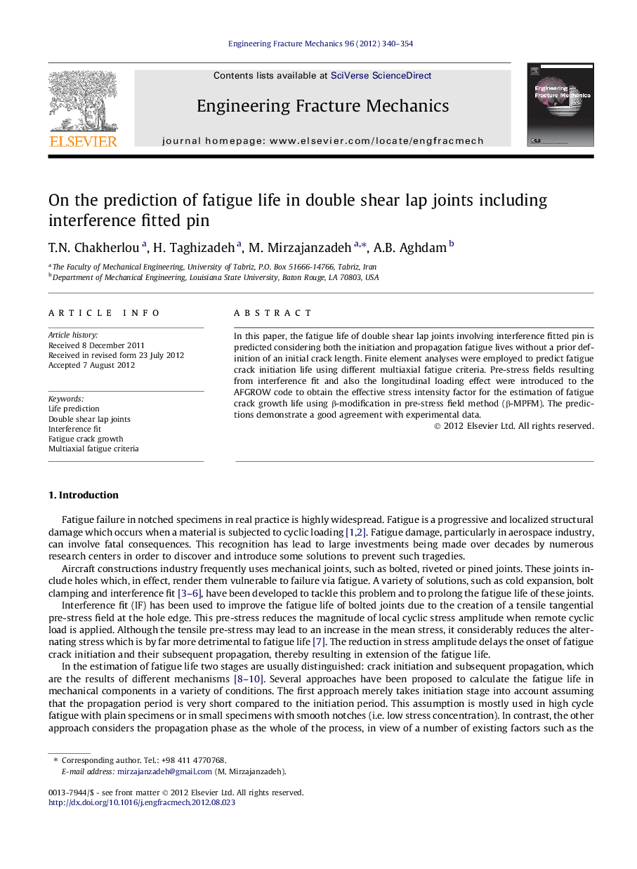 On the prediction of fatigue life in double shear lap joints including interference fitted pin