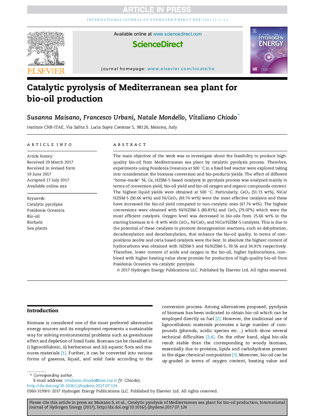 Catalytic pyrolysis of Mediterranean sea plant for bio-oil production