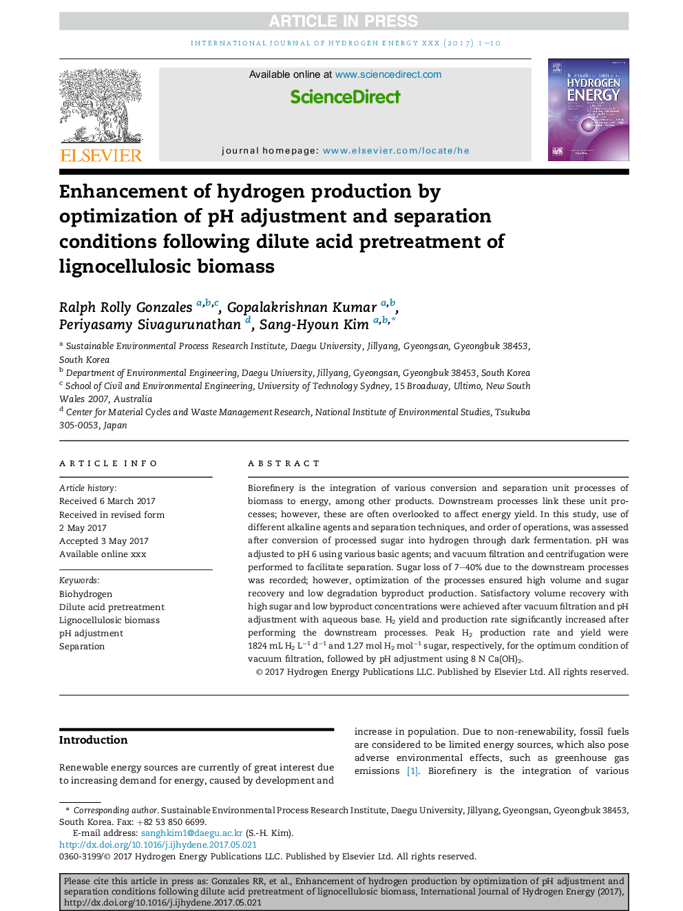 Enhancement of hydrogen production by optimization of pH adjustment and separation conditions following dilute acid pretreatment of lignocellulosic biomass