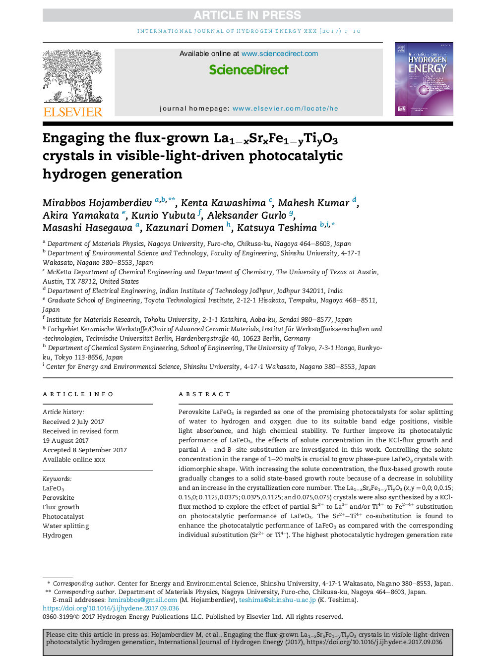 Engaging the flux-grown La1âxSrxFe1âyTiyO3 crystals in visible-light-driven photocatalytic hydrogen generation