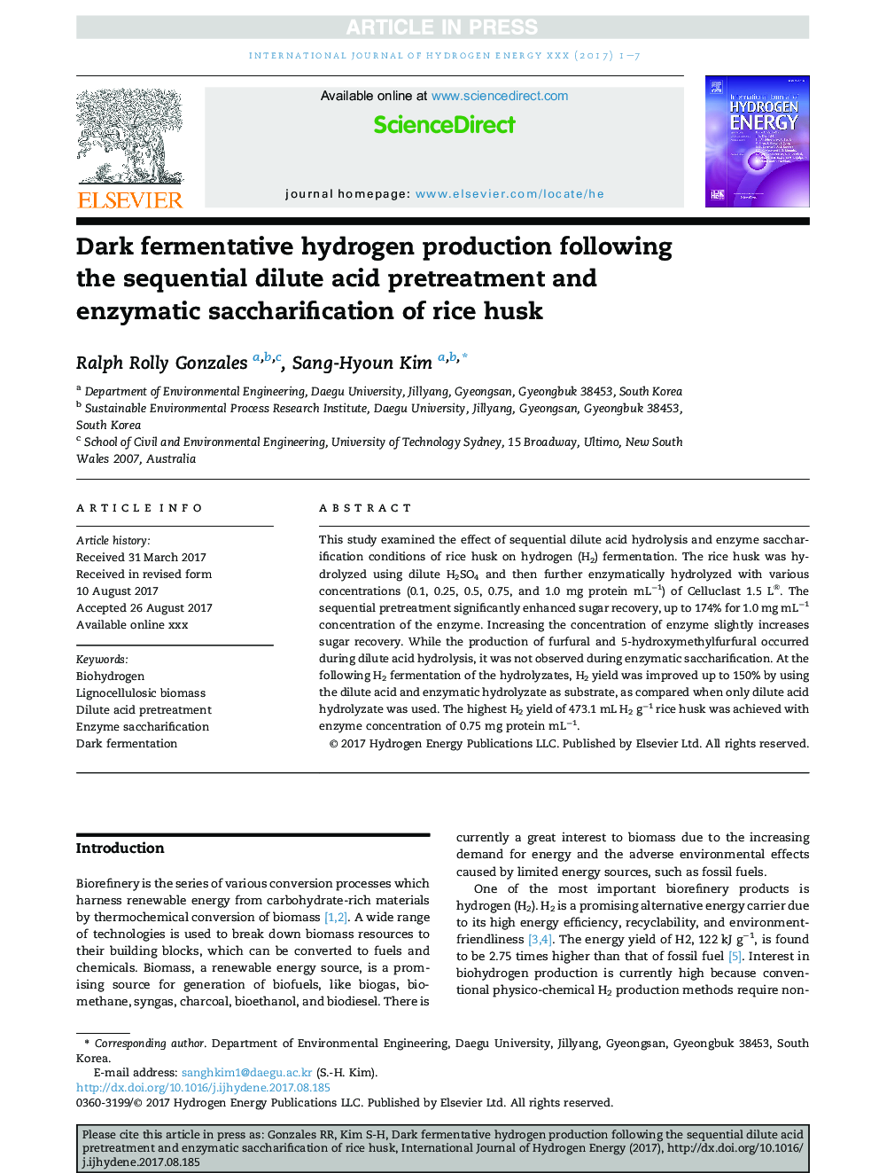 تولید هیدروژن تخمیر تیره پس از پیش آزمون اولیه اسید رقیق و واکنش آنزیمی پوسته برنج 