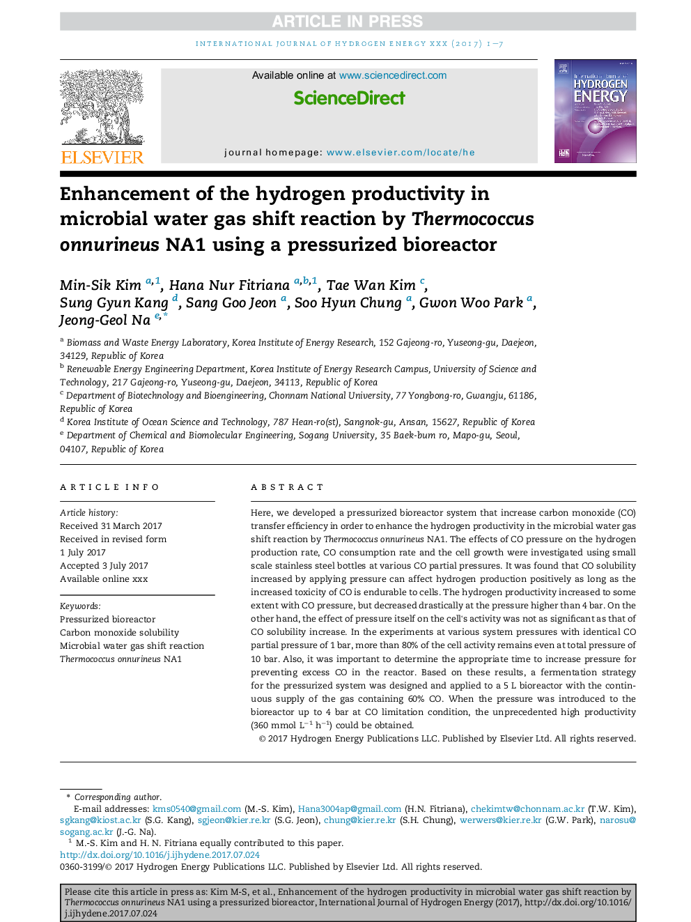 Enhancement of the hydrogen productivity in microbial water gas shift reaction by Thermococcus onnurineus NA1 using a pressurized bioreactor