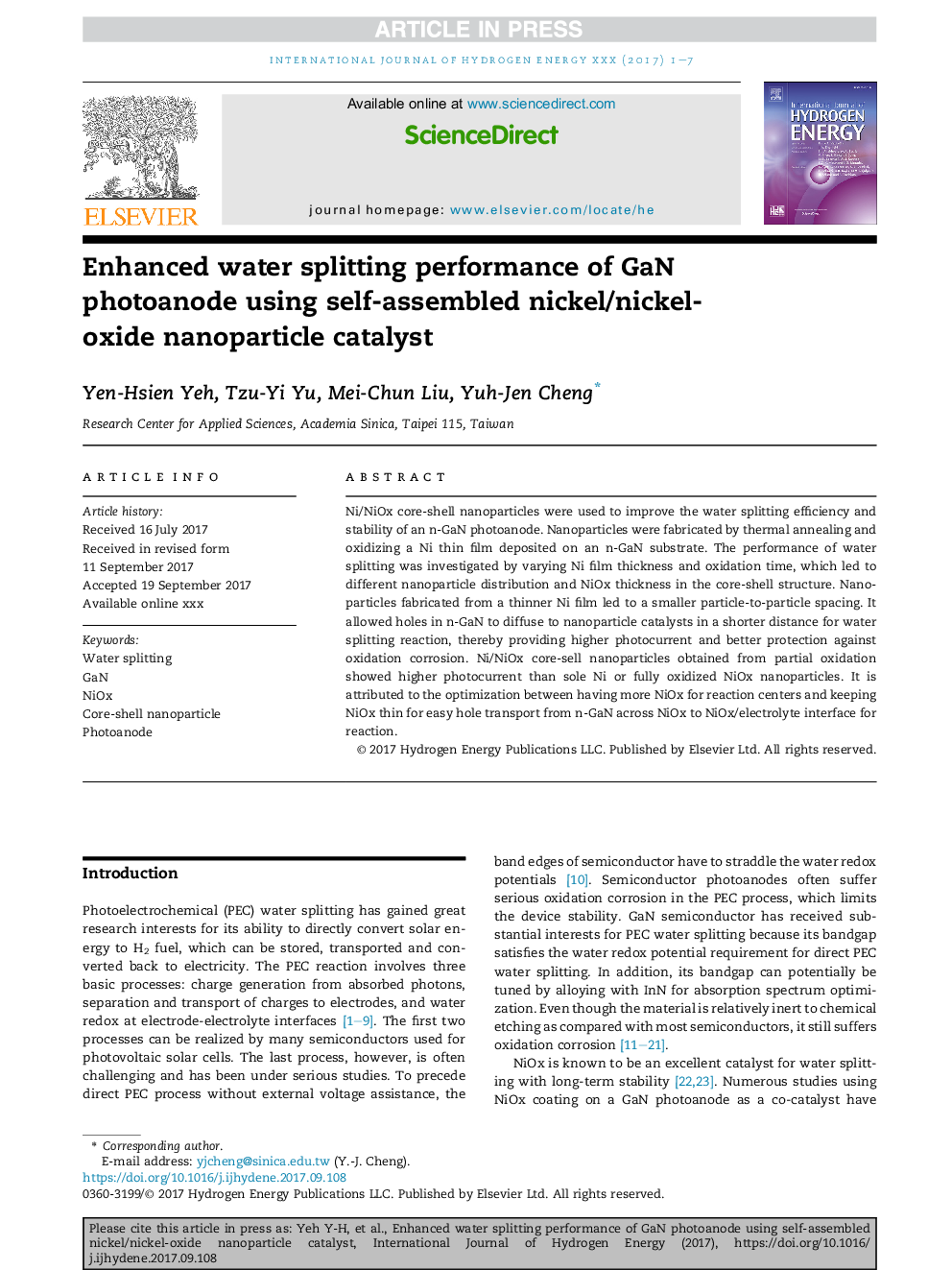 Enhanced water splitting performance of GaN photoanode using self-assembled nickel/nickel-oxide nanoparticle catalyst