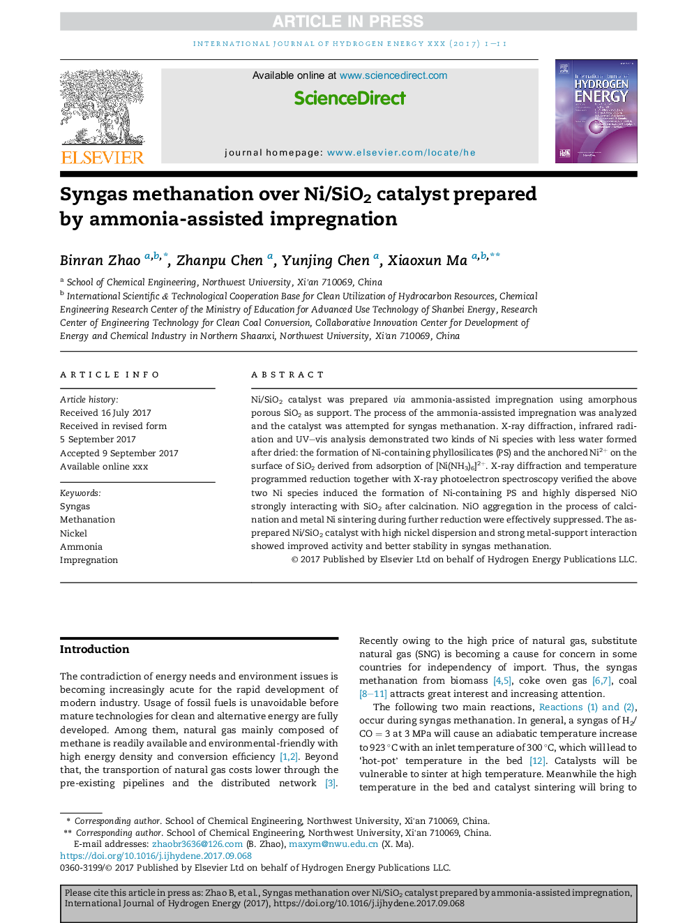 Syngas methanation over Ni/SiO2 catalyst prepared by ammonia-assisted impregnation