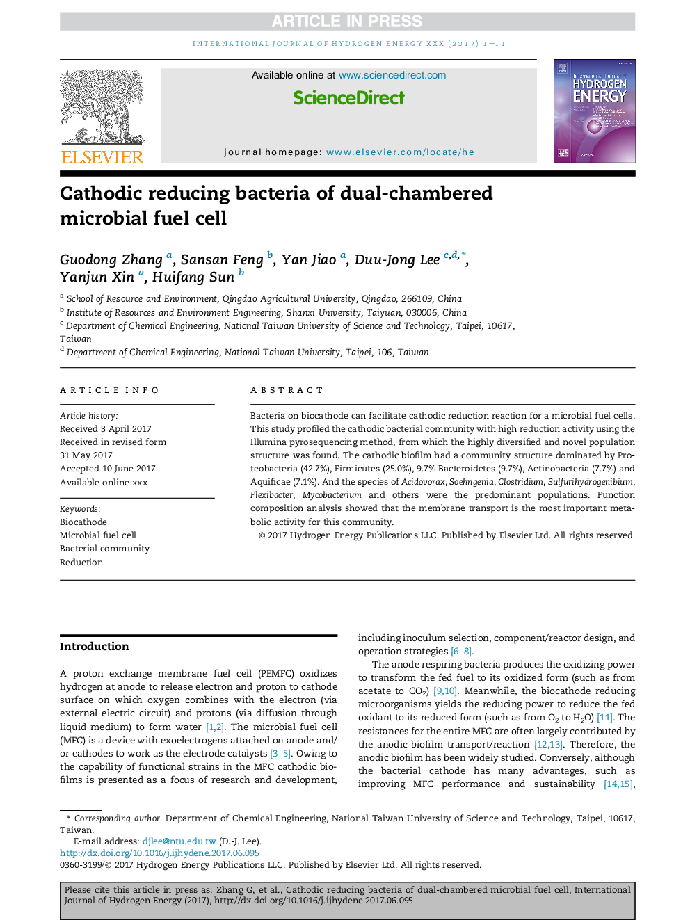 Cathodic reducing bacteria of dual-chambered microbial fuel cell