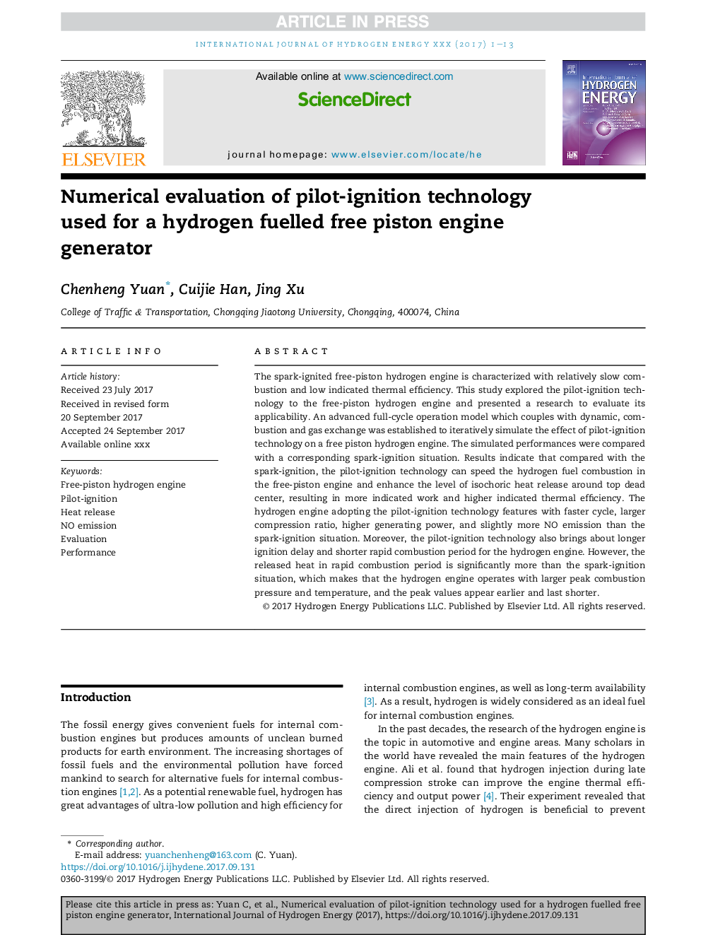 Numerical evaluation of pilot-ignition technology used for a hydrogen fuelled free piston engine generator