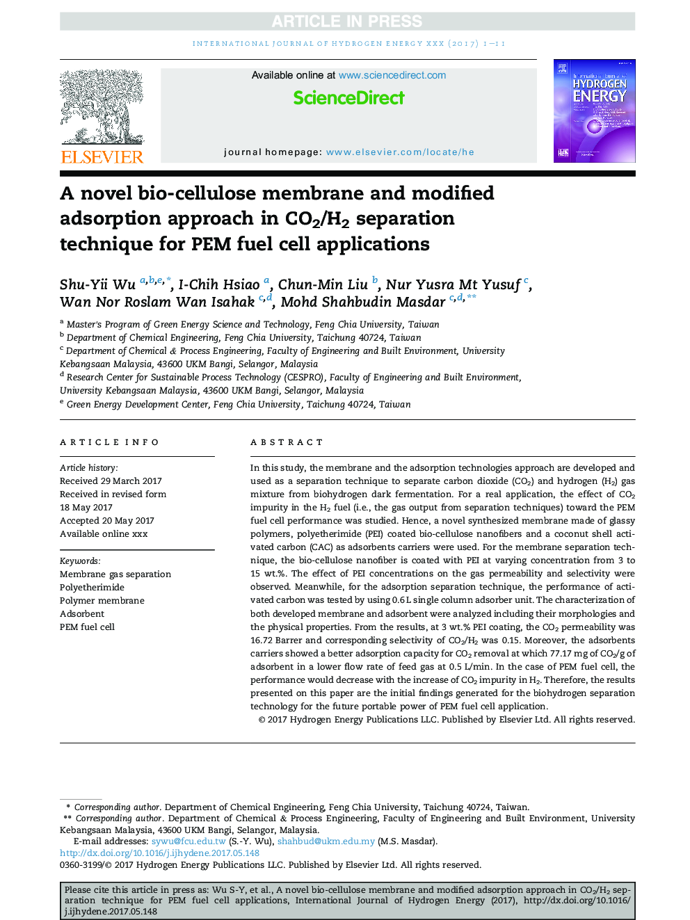 A novel bio-cellulose membrane and modified adsorption approach in CO2/H2 separation technique for PEM fuel cell applications