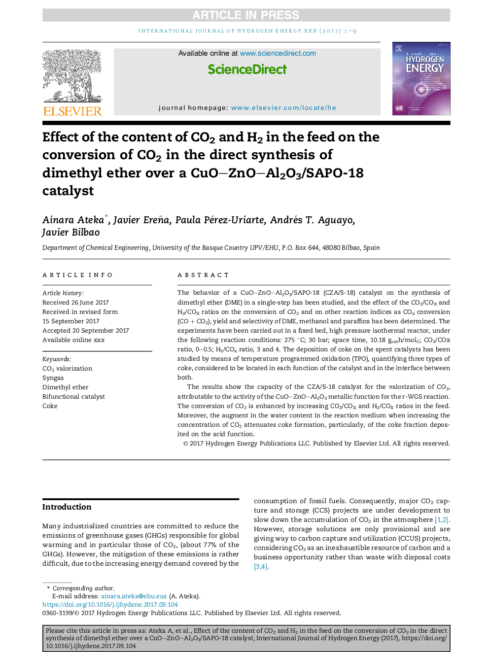 Effect of the content of CO2 and H2 in the feed on the conversion of CO2 in the direct synthesis of dimethyl ether over a CuOZnOAl2O3/SAPO-18 catalyst