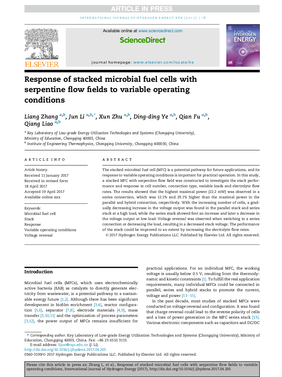 Response of stacked microbial fuel cells with serpentine flow fields to variable operating conditions