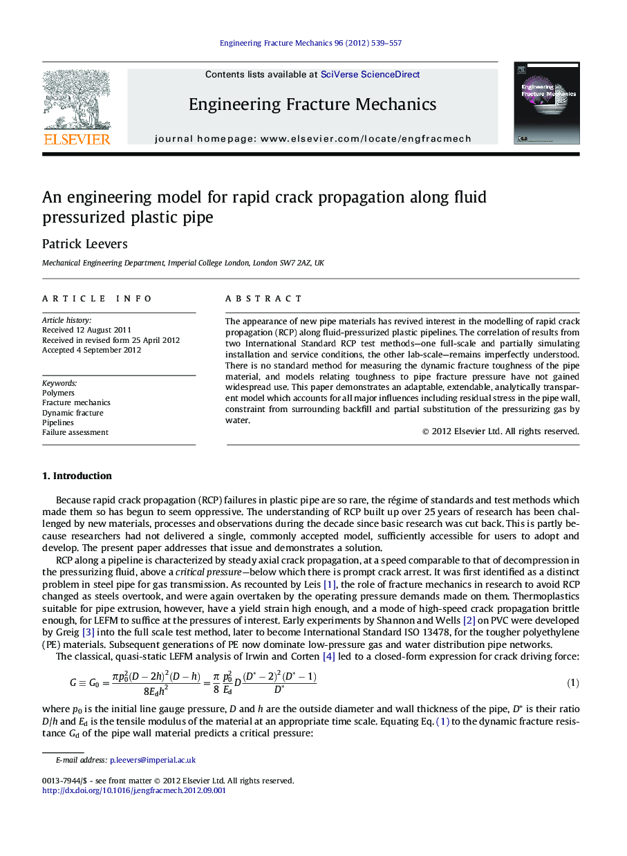 An engineering model for rapid crack propagation along fluid pressurized plastic pipe