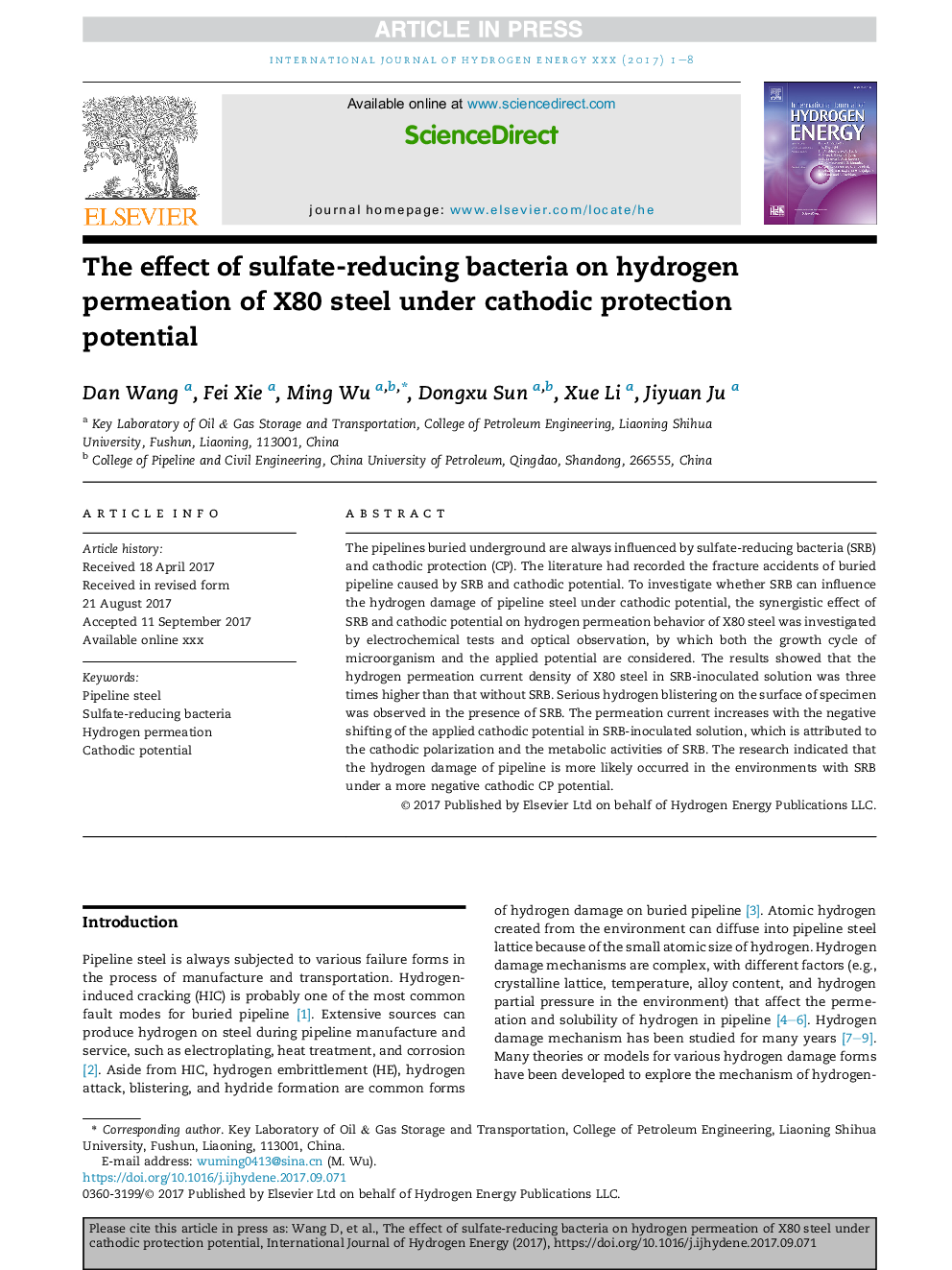 The effect of sulfate-reducing bacteria on hydrogen permeation of X80 steel under cathodic protection potential