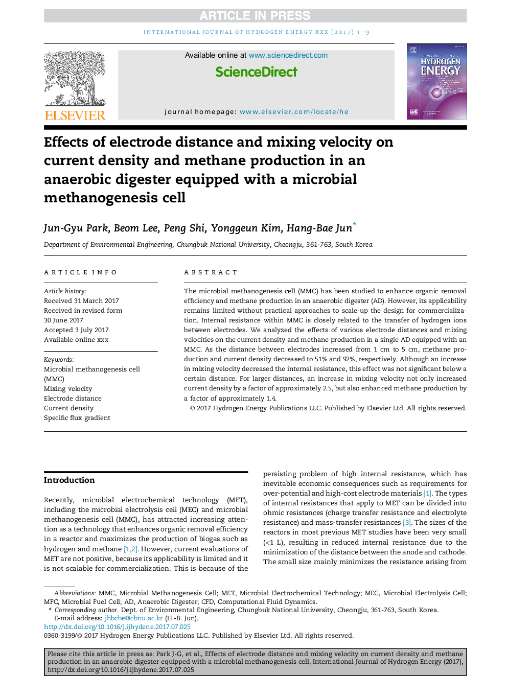 Effects of electrode distance and mixing velocity on current density and methane production in an anaerobic digester equipped with a microbial methanogenesis cell