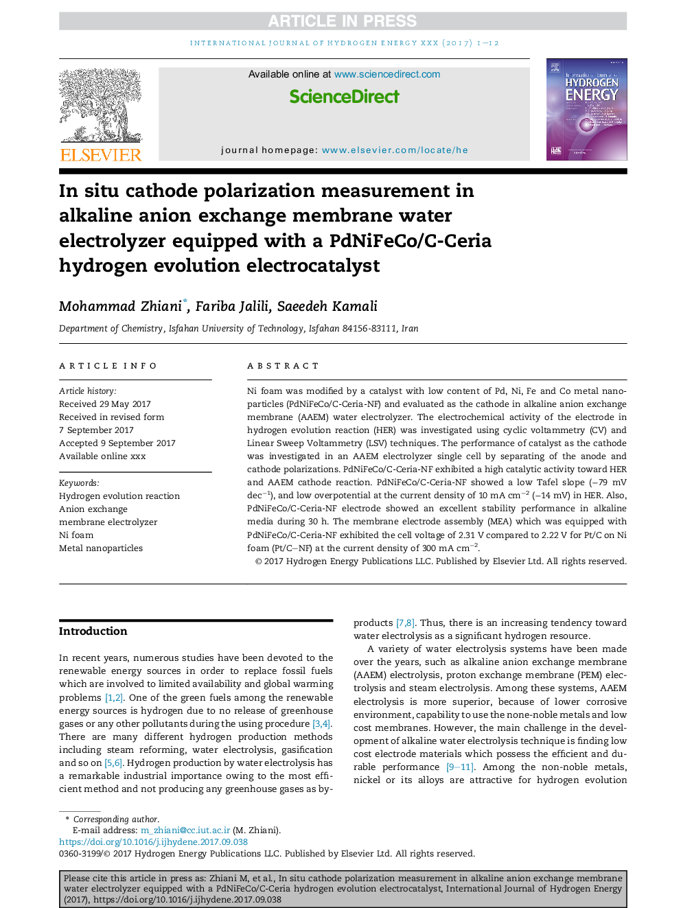 In situ cathode polarization measurement in alkaline anion exchange membrane water electrolyzer equipped with a PdNiFeCo/C-Ceria hydrogen evolution electrocatalyst