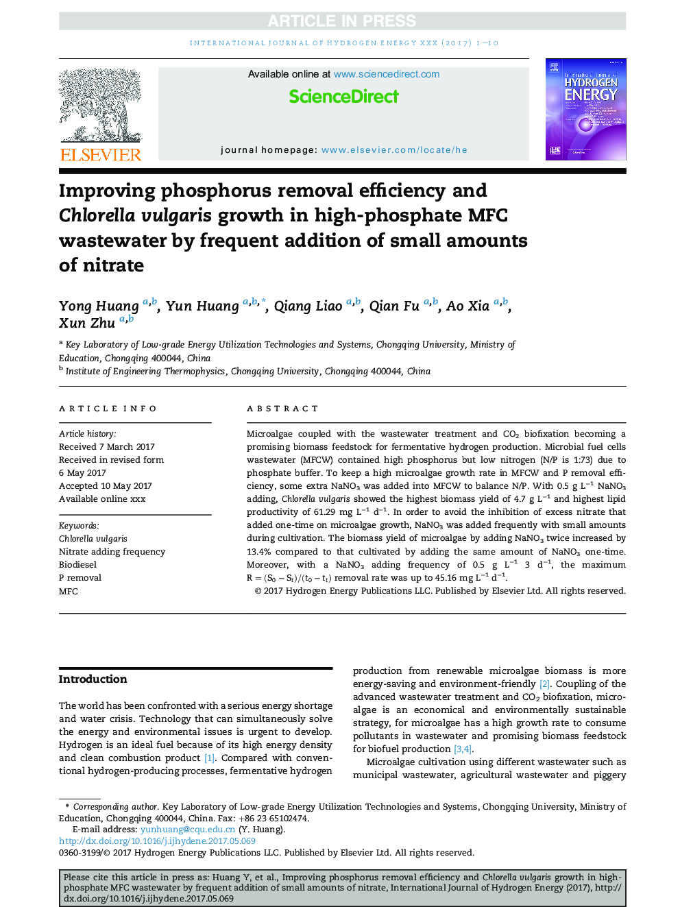 Improving phosphorus removal efficiency and Chlorella vulgaris growth in high-phosphate MFC wastewater by frequent addition of small amounts of nitrate