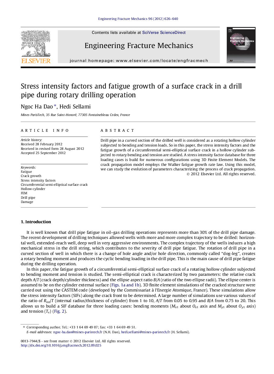 Stress intensity factors and fatigue growth of a surface crack in a drill pipe during rotary drilling operation