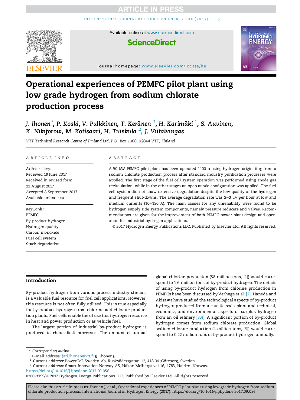 Operational experiences of PEMFC pilot plant using low grade hydrogen from sodium chlorate production process