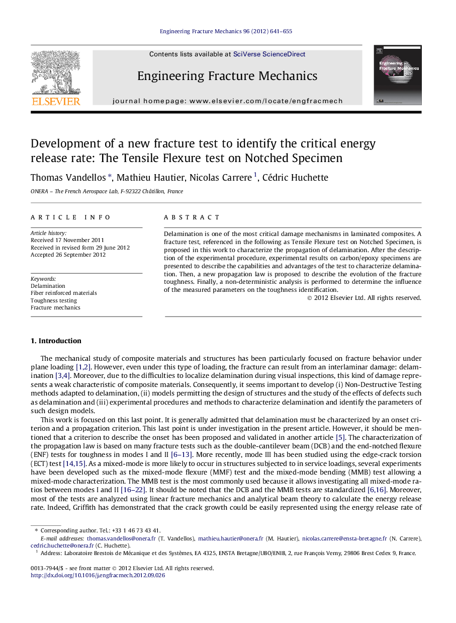 Development of a new fracture test to identify the critical energy release rate: The Tensile Flexure test on Notched Specimen