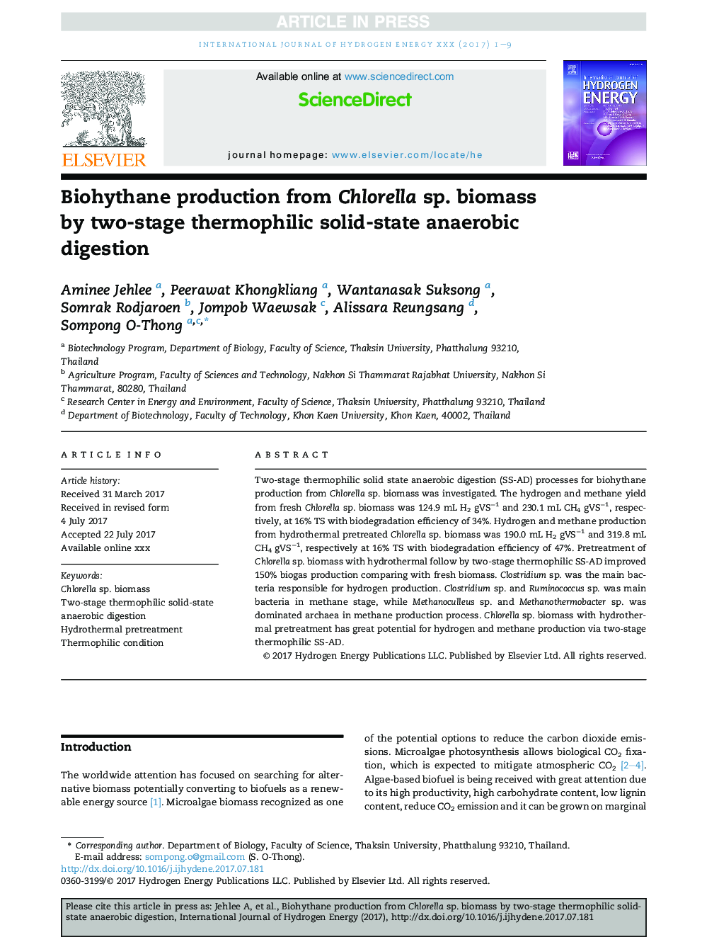 Biohythane production from Chlorella sp. biomass by two-stage thermophilic solid-state anaerobic digestion