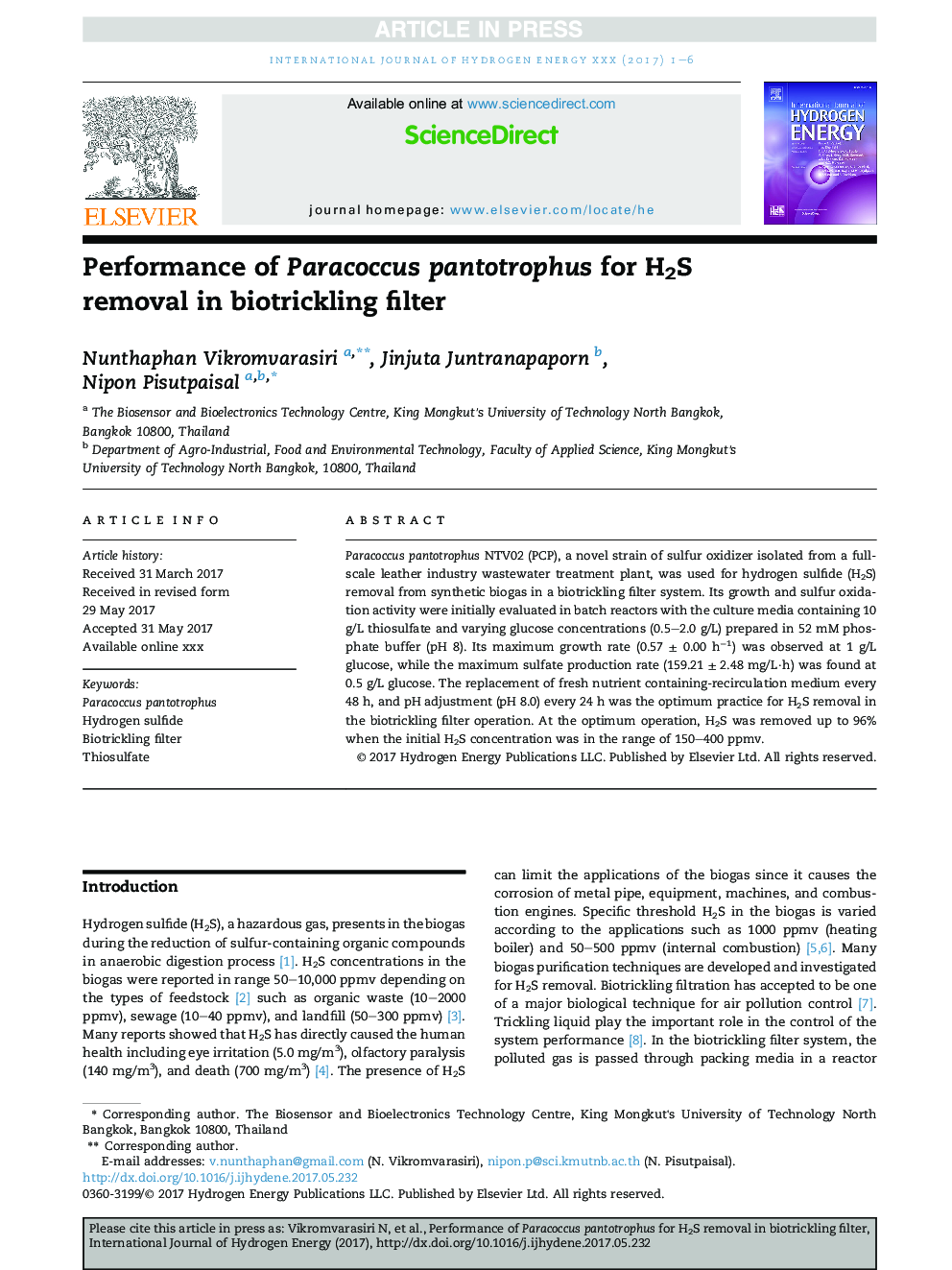 Performance of Paracoccus pantotrophus for H2S removal in biotrickling filter