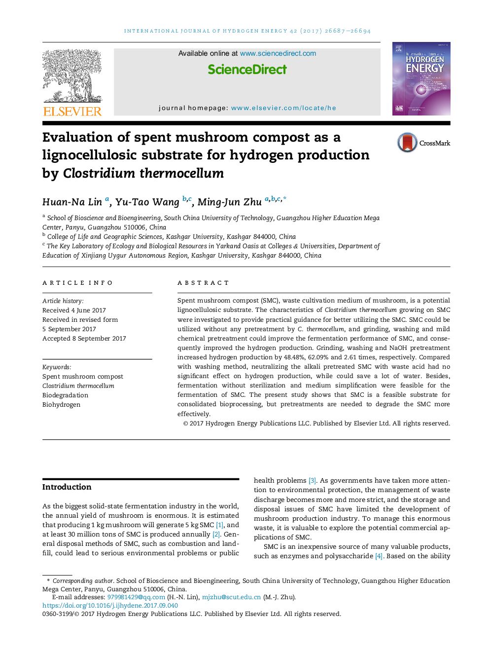 Evaluation of spent mushroom compost as a lignocellulosic substrate for hydrogen production by Clostridium thermocellum