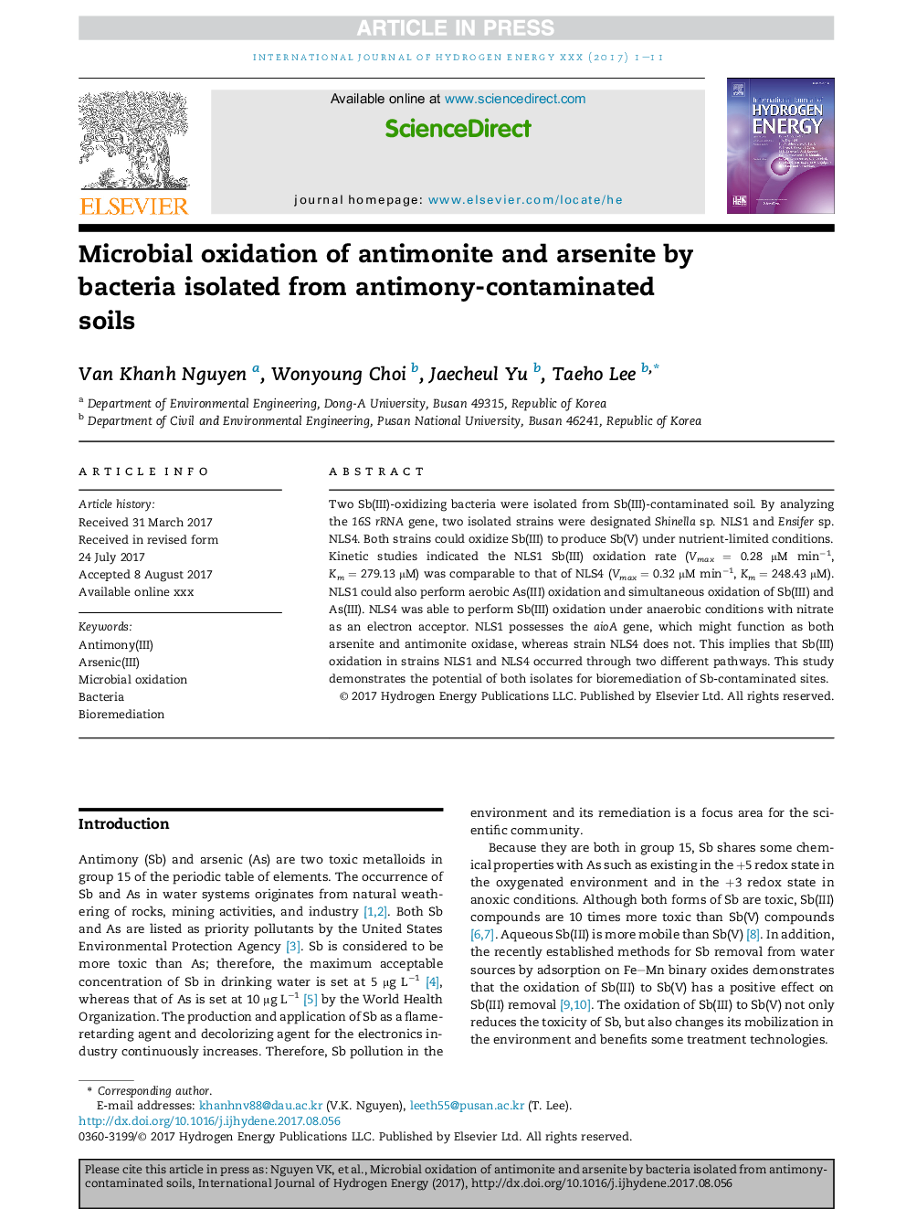 Microbial oxidation of antimonite and arsenite by bacteria isolated from antimony-contaminated soils