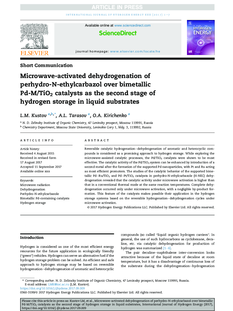 Microwave-activated dehydrogenation of perhydro-N-ethylcarbazol over bimetallic Pd-M/TiO2 catalysts as the second stage of hydrogen storage in liquid substrates