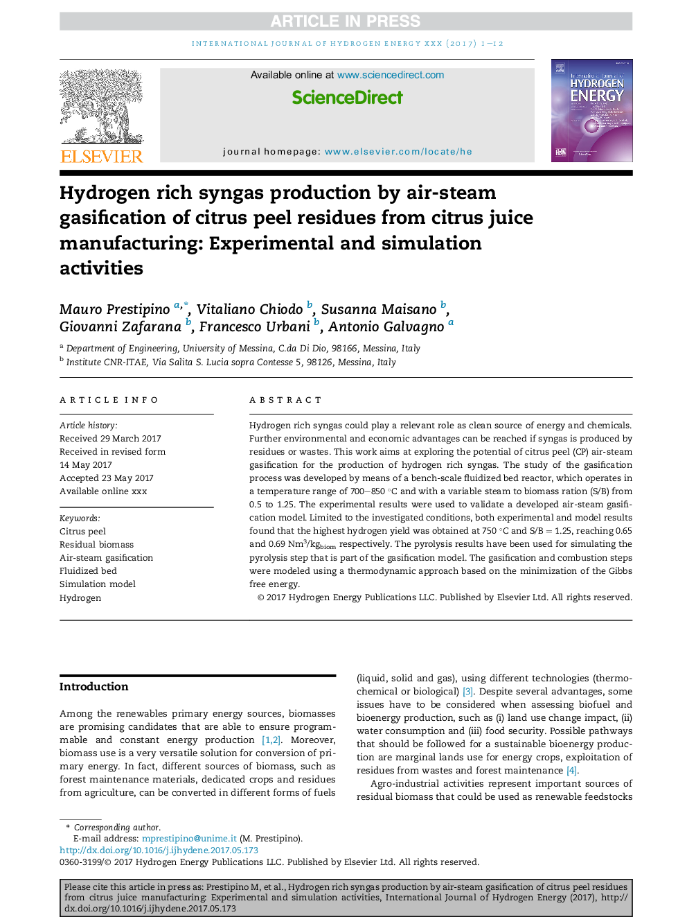 Hydrogen rich syngas production by air-steam gasification of citrus peel residues from citrus juice manufacturing: Experimental and simulation activities