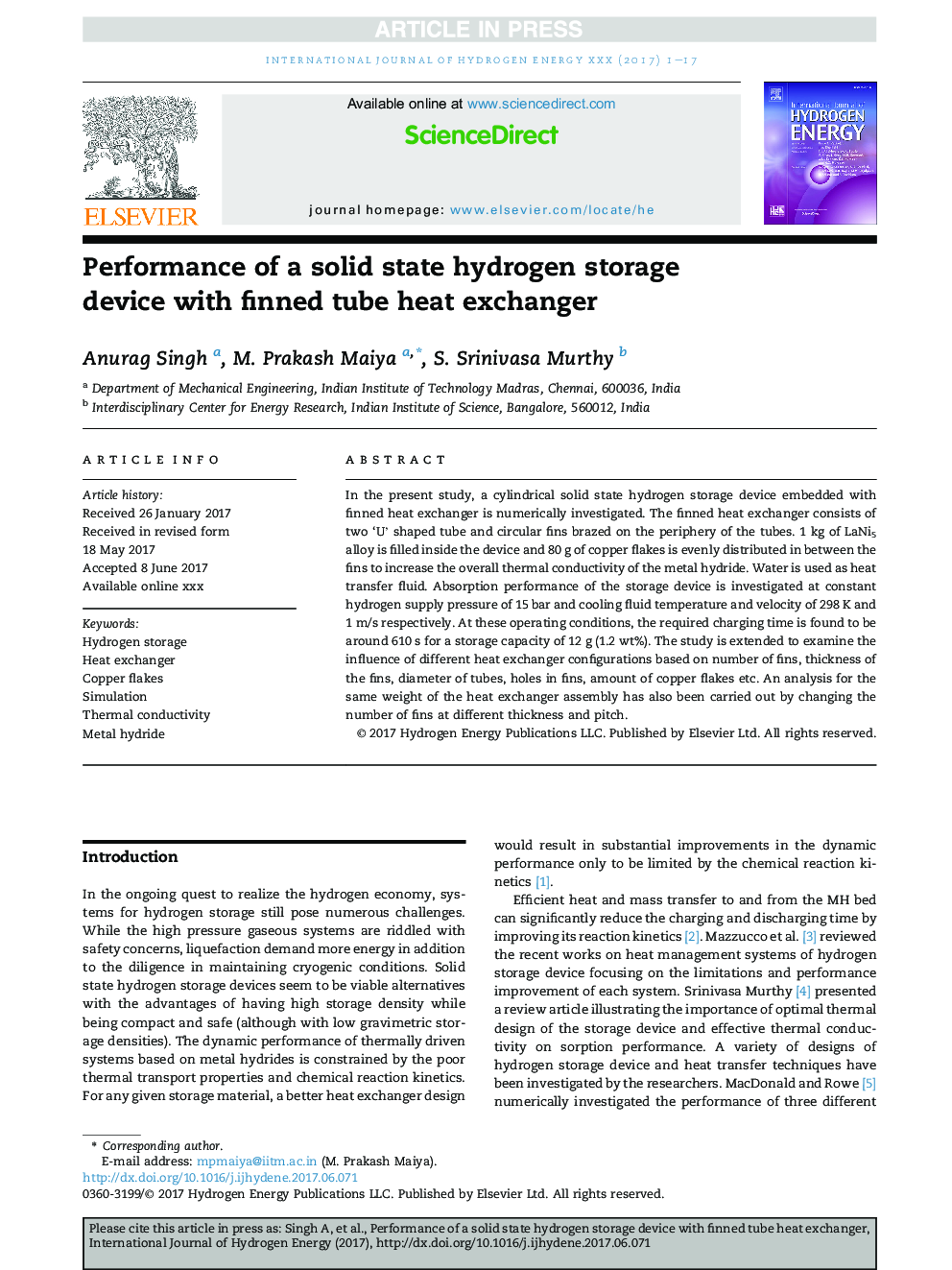 Performance of a solid state hydrogen storage device with finned tube heat exchanger