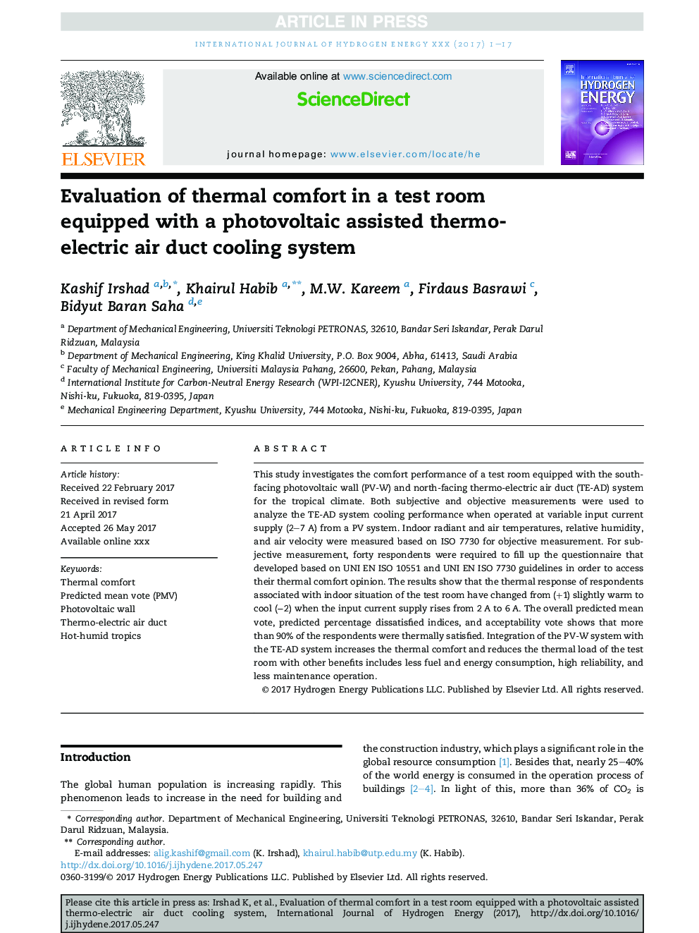 Evaluation of thermal comfort in a test room equipped with a photovoltaic assisted thermo-electric air duct cooling system