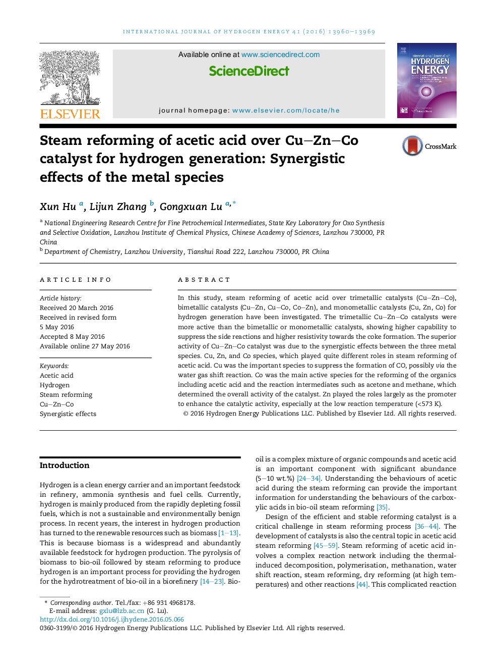 Steam reforming of acetic acid over CuZnCo catalyst for hydrogen generation: Synergistic effects of the metal species