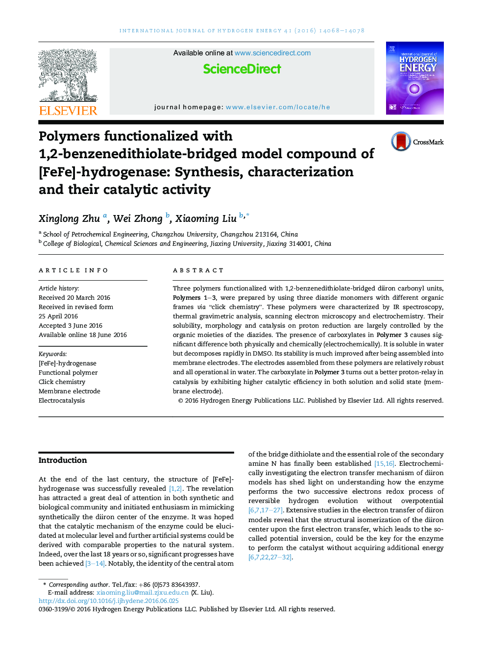 Polymers functionalized with 1,2-benzenedithiolate-bridged model compound of [FeFe]-hydrogenase: Synthesis, characterization and their catalytic activity